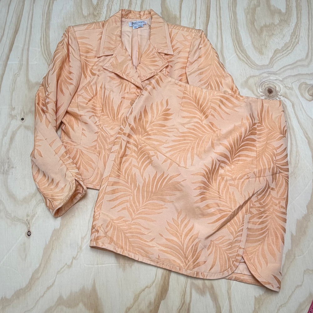 Kay Unger New York Peach Palm Leaf Jacquard Skirt Suit Set Size 14 Vintage